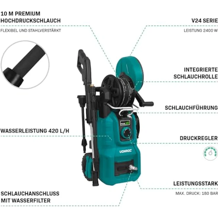 VONROC Hochdruckreiniger V24 PW512AC, 2400W, max. 180 bar, 420 l/h, 11-tlg. Set mit Druckregler, Schlauchtrommel und Aluminium-Pumpe – Bild 2
