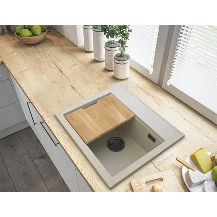Granitan GRANITAN Foxal Küchenspüle, Granit Unterbauspüle - Siphon, hochwertige Spüle, Granitspüle mit manuellem Siphon, komplett mit Spülenabdichtung und passendem Küchenbrett aus Holz – Bild 2