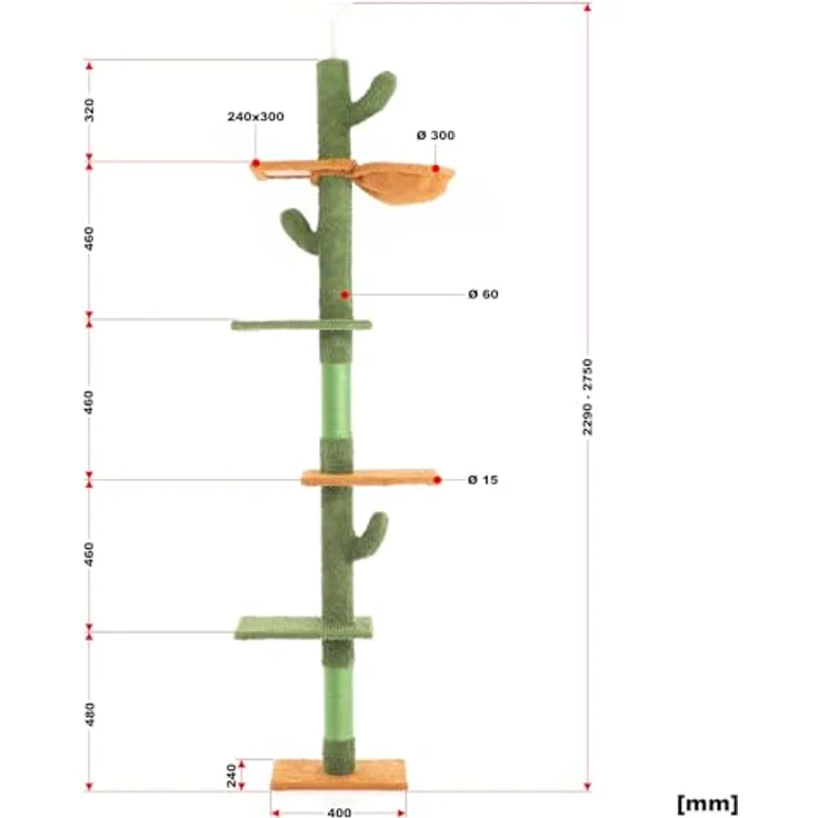 Fudajo Kratzbaum deckenhoch 229–275 cm in Grün, Katzenkratzbaum mit 4 Ebenen, höhenverstellbarer Deckenspanner und Sisal Polsterung – Bild 5