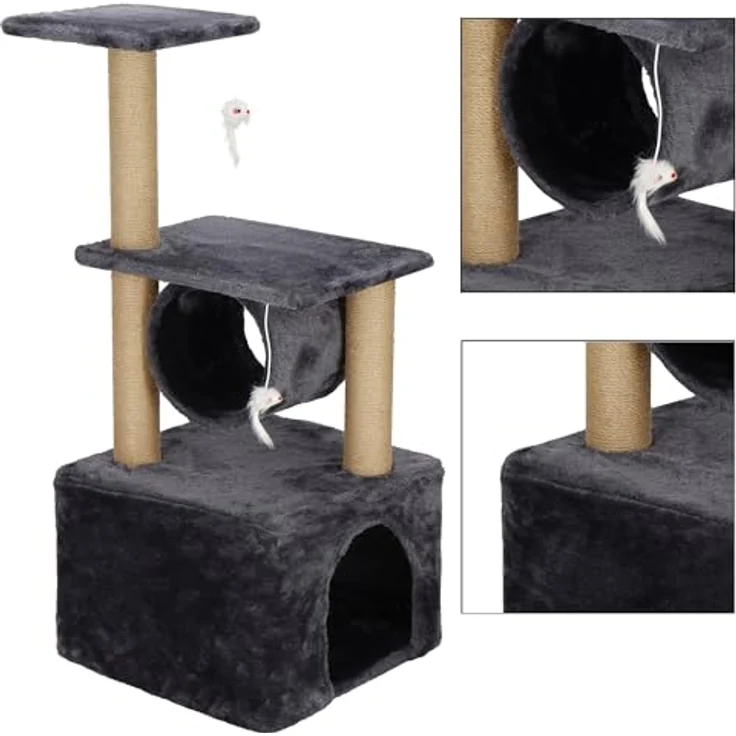 SPRINGOS Katzenkratzbaum mit Häuschen, 2 Plattformen und Spielmäusen, 62 cm, graphit – Bild 2