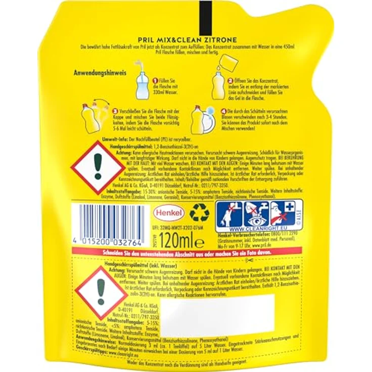PRIL Original Konzentrat Mix & Clean, Geschirrspülmittel Zitrone 120 ml, Kalt-Aktiv-Formel, 82% weniger Plastik, recycelbare Verpackung – Bild 3