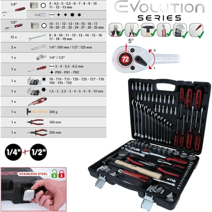 KS Tools 917.0797 1-4'' - 1-2'' Universal-Werkzeug-Satz, 97-teilig, Werkzeugkasten, Werkzeugbox, Werkzeug-Set, Werkzeugkiste, inkl. Werkzeug wie z. B. Schraubendreher, Ringmaulschlüssel, Umschaltknarre – Bild 5