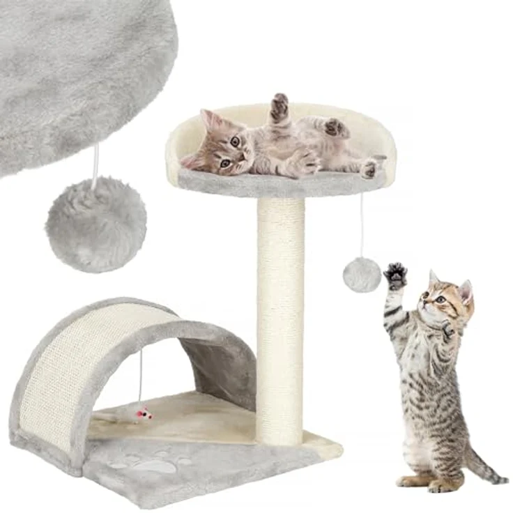 SPRINGOS Kratzbaum Plattform mit Spielball, Spielmaus und Brücke, grau-creme, 47 cm – Bild 2