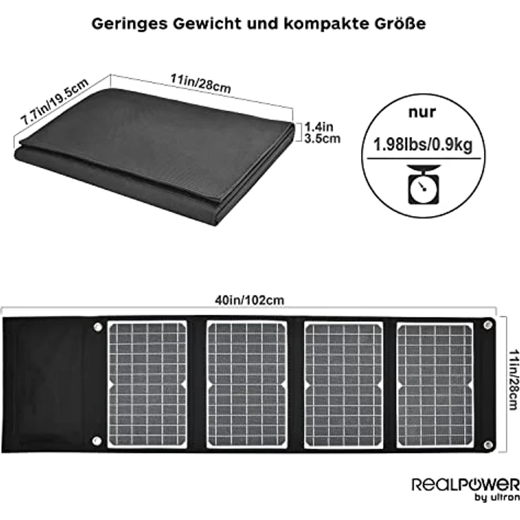 RealPower SP-30E, Mobiles Solarpanel mit 30 W, USB-A und USB-C Ports, IPX5 Spritzwasserschutz – Bild 2
