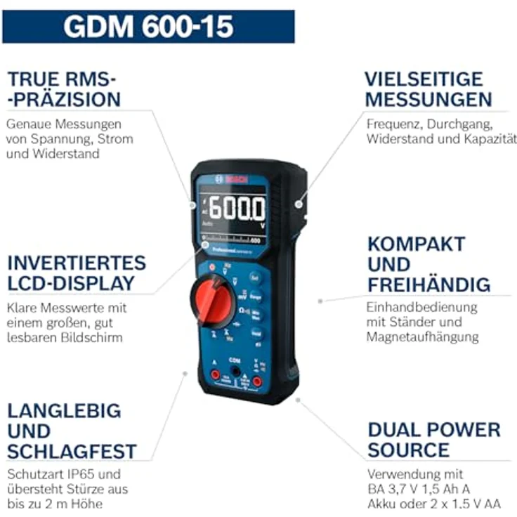 Bosch Professional GDM 600-15, Multimeter mit True RMS-Messungen, IP65, großen LCD-Display und kompaktem Design – Bild 4