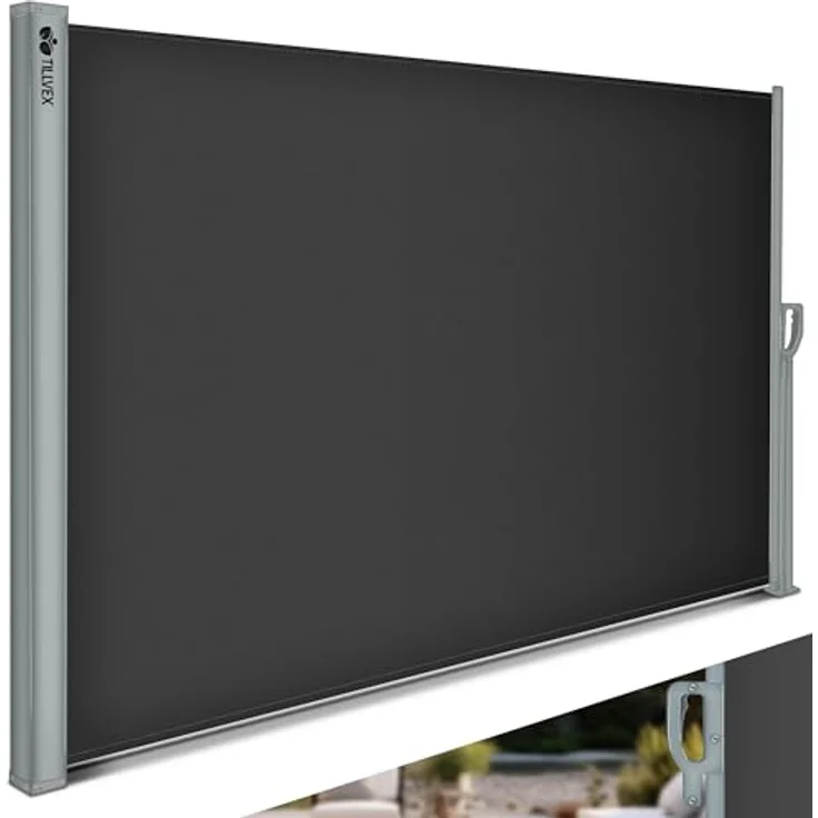 tillvex® Seitenmarkise 160 x 350 cm ausziehbar & Blickdicht in Grau | Sichtschutz & Sonnenschutz aus rostfreiem Stahl - Preisvergleich – Bild 1