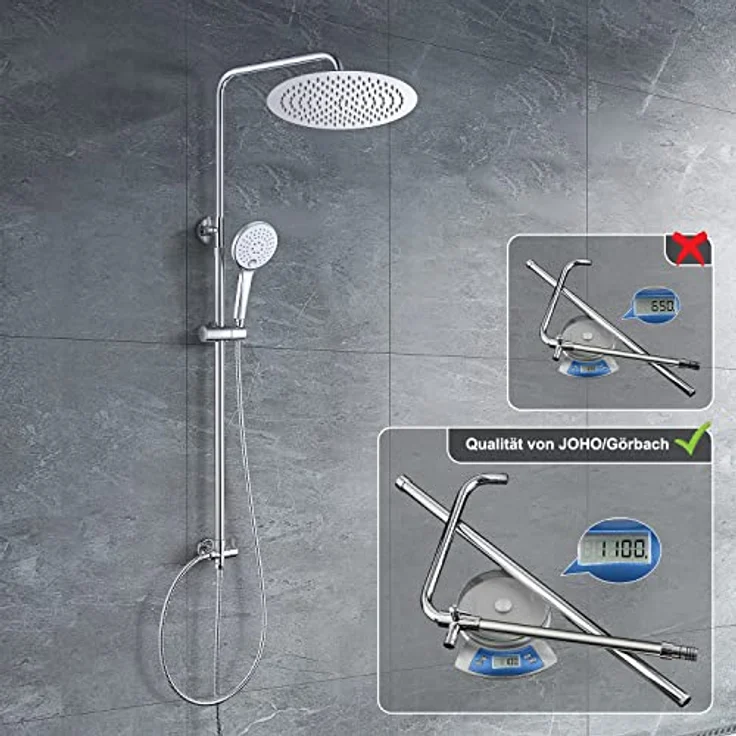 JOHO Edelstahl Duschset Duschsystem ohne Armatur, Regendusche mit 25cm Kopfbrause, verstellbarer Duschstange und Wasserspartechnik, Chrom – Bild 4