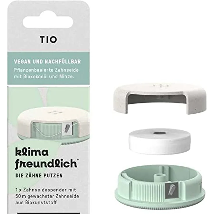 TIO Zahnseidespender, vegane Zahnseide gewachst, 50m, antibakteriell mit Minzaroma, PETA approved – Bild 2