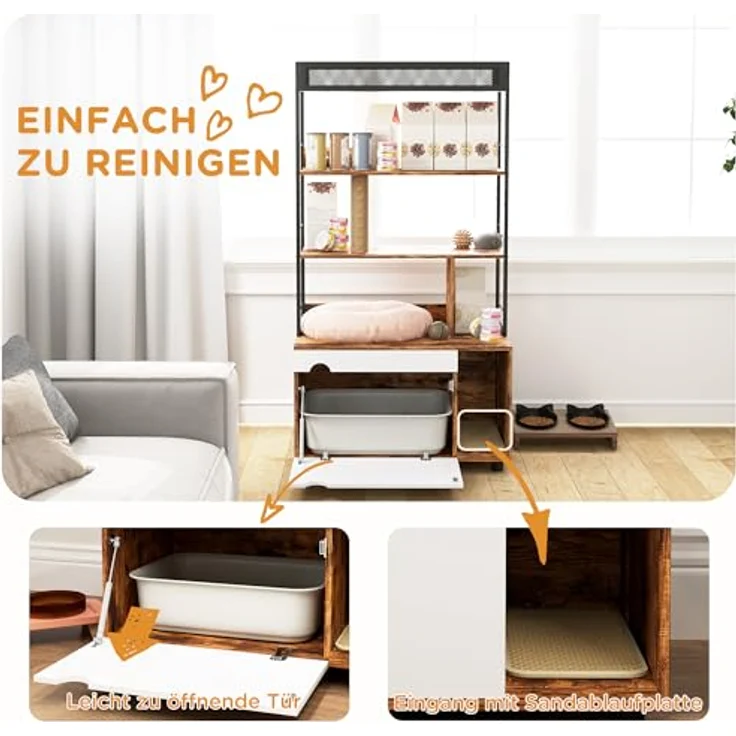 PawHut Tierhaus 2-in-1 mit 3-Ebenen-Regal, Kratzpfosten und Klapptür für Katzen bis 6 kg, Rustikal-Braun, 80 x 48 x 152 cm – Bild 5
