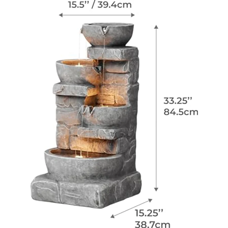 Teamson Home Gartenbrunnen Cascading Bowls, dreistufiges Wasserspiel mit LED-Leuchten, naturgetreue Steinoptik, 39,4 cm L x 38,7 cm B x 84,5 cm H – Bild 4