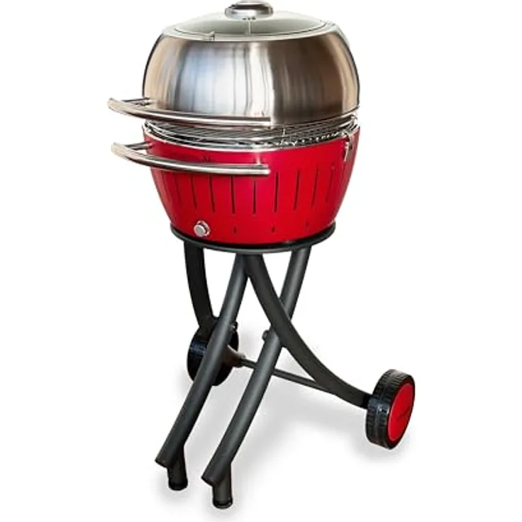 LotusGrill XL Gartengrill Set Limettengrün - Grillwagen mit Grillhaube XL aus Edelstahl (Feuerrot) - Holzkohlegrill mit integriertem Thermometer und Sichtglaseinsatz