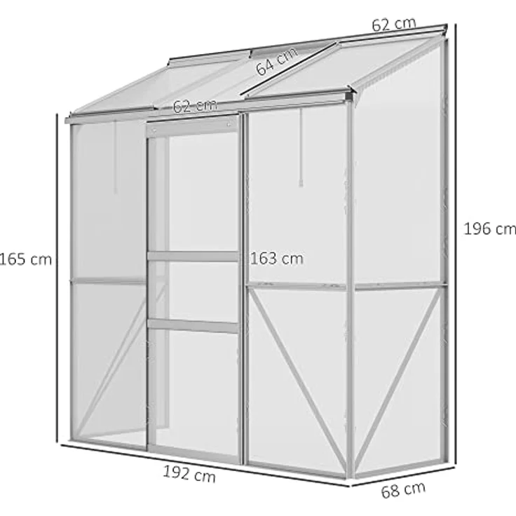 Outsunny Gewächshaus, Treibhaus mit Schiebetür, Aufklappbare Dachfenster, Tomatenhaus, Pflanzenhaus für Garten, aus Polycarbonat und Alu, Silber, 192 x 68 x 196 cm - Preisvergleich – Bild 5