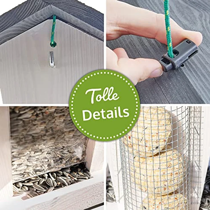 Zooprinz Vogelhaus "Bird Kitchen", Futterstation aus wetterfestem Vollholz mit Plexiglasscheiben, Schutzdach und Sitzstangen, in Weiß oder Naturbraun – Bild 5