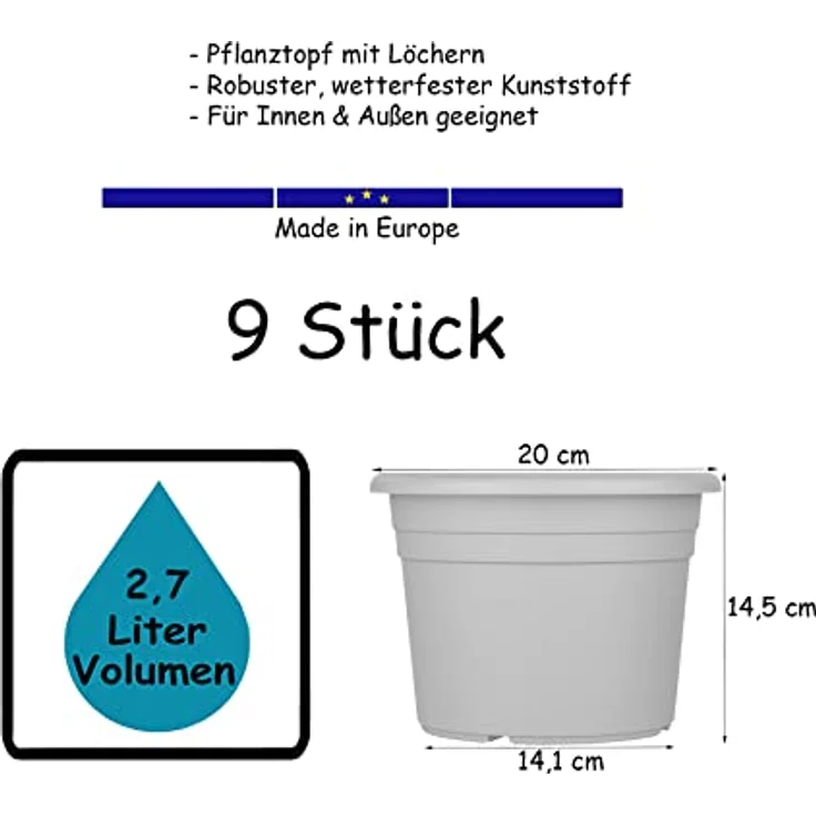 BigDean 9X Blumentopf Ø 20 cm Terrakotta Kunststoff Pflanztopf mit Abfließ-Funktion, wetterfest, für Innen- & Außenbereich geeignet – Bild 5