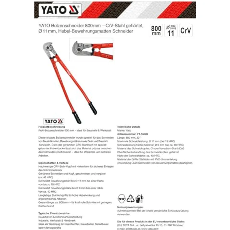 Yato Bolzenschneider 800 mm, gehärteter CrV-Stahl, geeignet für Bewehrungsstahl Ø 11 mm, ergonomische Griffe – Bild 5