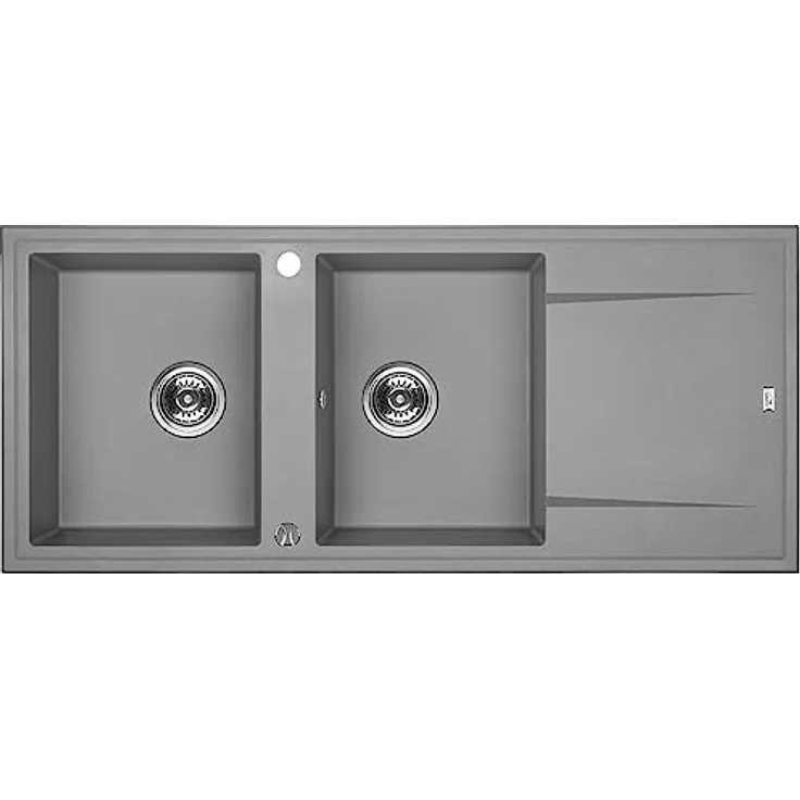KOLMAN Granitspüle 50x116 Megalo Spülbecken Doppelbecken mit langer Abtropffläche, Space Saving Siphon (Grau) – Bild 1