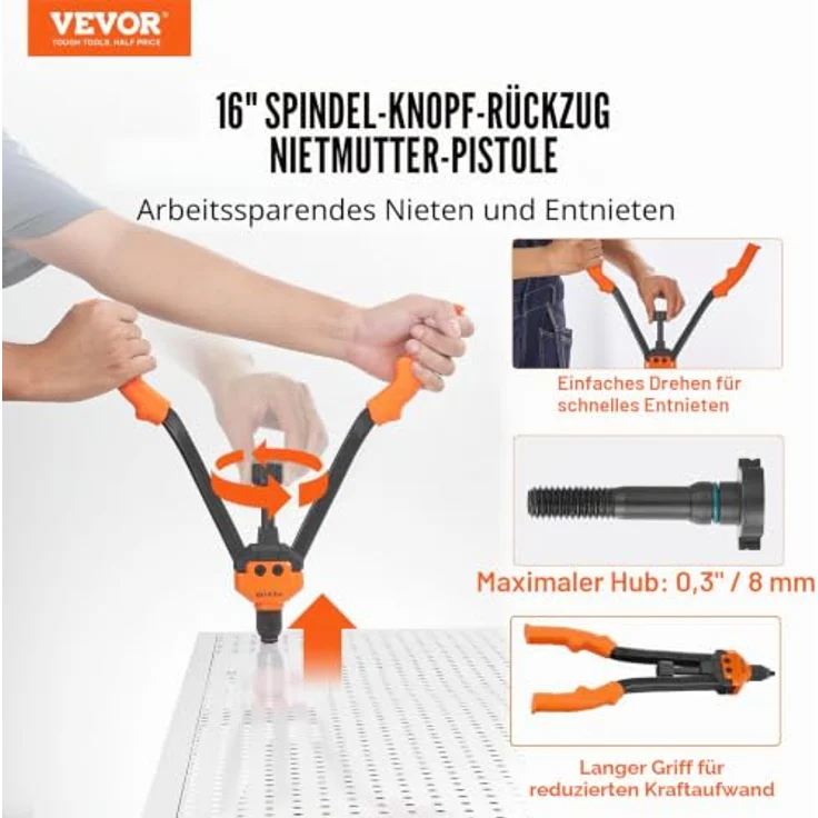 VEVOR Nietmutternzange-Set, 410 mm Blindnietmutternzange mit 13 Sätzen von Muttern & Dornen, M3 bis M12, ergonomischer Gummigriff für einfachen Gebrauch – Bild 2