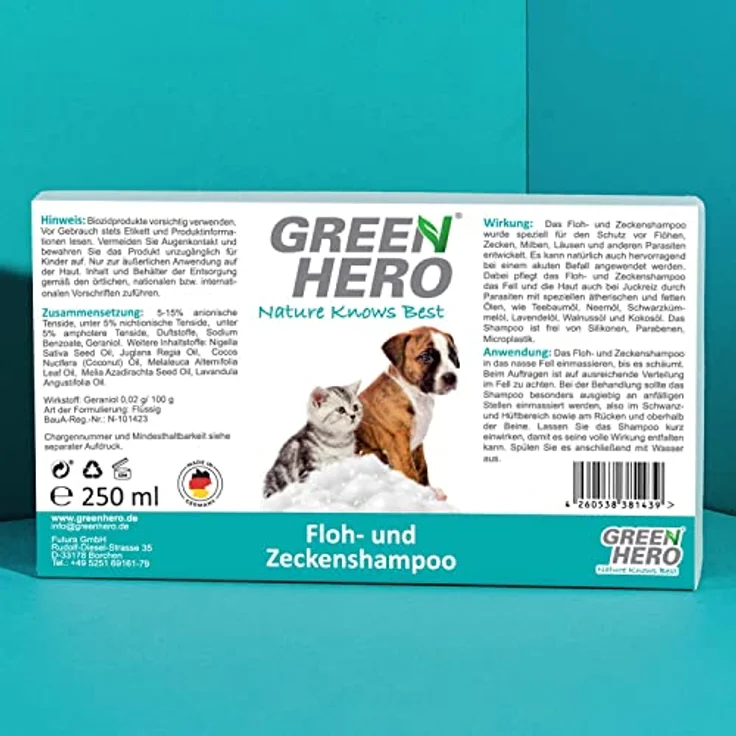 Green Hero Floh- und Zeckenshampoo für Hund & Katze schützt vor Flöhen, Zecken, Milben, Läusen & Parasiten 250ml Hundeshampoo & Katzenshampoo ohne Silikone, Parabene & Mikroplastik – Bild 5