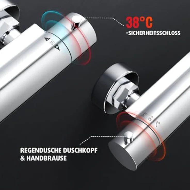 Rainsworth Duschsystem mit Thermostat, 3 Strahlart(en), komplett-set, 92-126 cm Duschstangen Edelstahl Duschamaturenset Wassersparend, runde Regendusche 30cm, 3 Strahlarten, höhenverstellbare Duschstange, Sicherheits-Thermostat – Bild 5