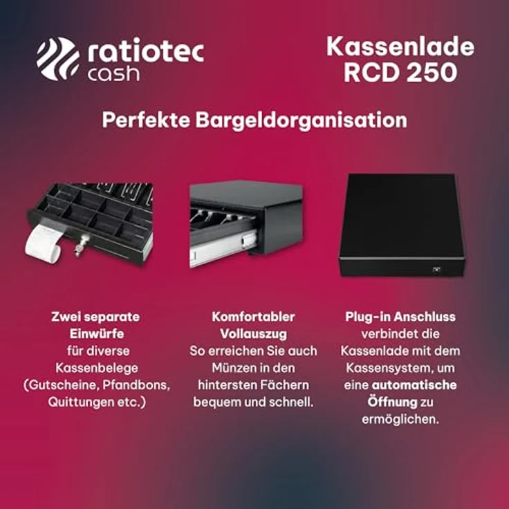 ratiotec RCD 250 Kassenschublade - Kassenlade mit 8 Münzfächern, 4 Banknotenfächern, 24V RJ-11 Anschluss, rollengelagerte Teleskopschienen, 3-Positionen-Schloss, Stahlgehäuse, 8 kg – Bild 4