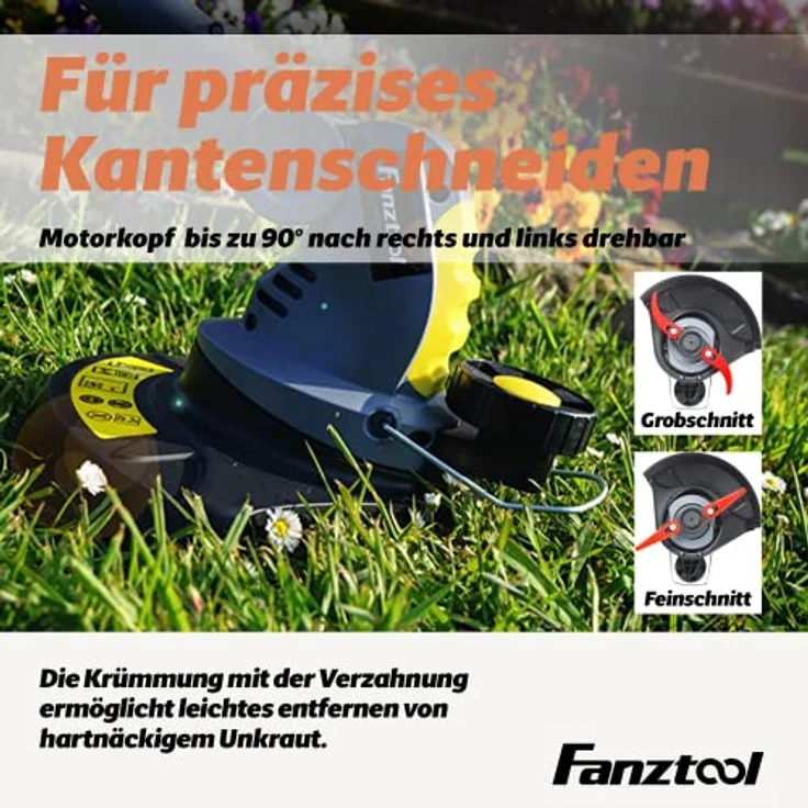 FANZTOOL Akku Rasentrimmer 20V, inkl. 2Ah Akku, Ladegerät, Gerade Messer für Glatt- und Feinschnitt Und gekrümmte Messer mit Zähnen für Grobschnitt – Bild 6