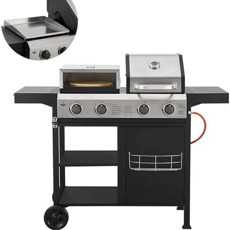 El Fuego Kombigrill "BOSTON" | 3-in-1 Gas, Pizza & Plancha-Grillplatte | Grill BBQ, inkl. Gasschlauch und Druckminderer, Gusseisen Grillrost, mit Thermometer und großen Seitenablagen | AY0 – Bild 1