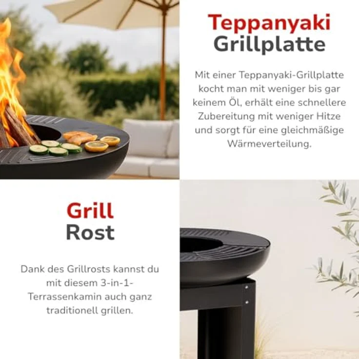 Arti Casa alpina 3-in-1 Feuerstelle und Grillplatte, Gartenkamin 61 x 90 cm mit Teppanyaki-Grillplatte und Brennholzaufbewahrung, Metall – Bild 3