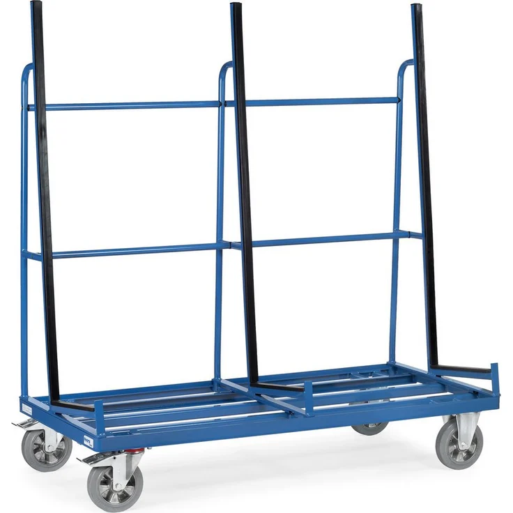 FETRA Plattenwagen 4456, Transportwagen für Glasscheiben und Platten, einseitig, pulverbeschichtet, blau RAL 5007, 430 mm Auflagebreite, 1450 mm Höhe, mit 2 Lenk- und 2 Bockrollen
