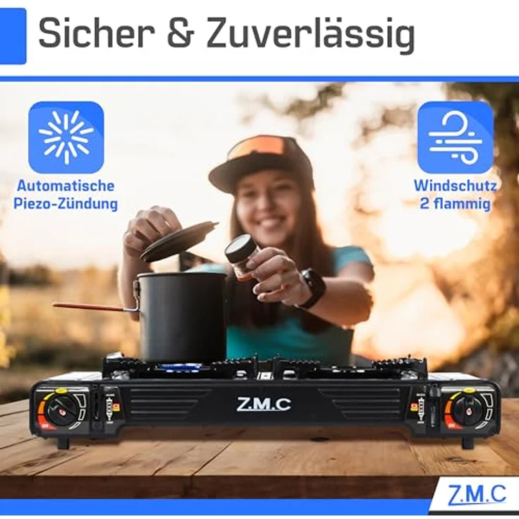 Z.M.C PREMIUM Camping Gaskocher 2-flammig mit Grillplatte 45x24 cm, 4 Gaskartuschen 227g, Piezozündung und Zündsicherung für Outdoor und Innenraum – Bild 4