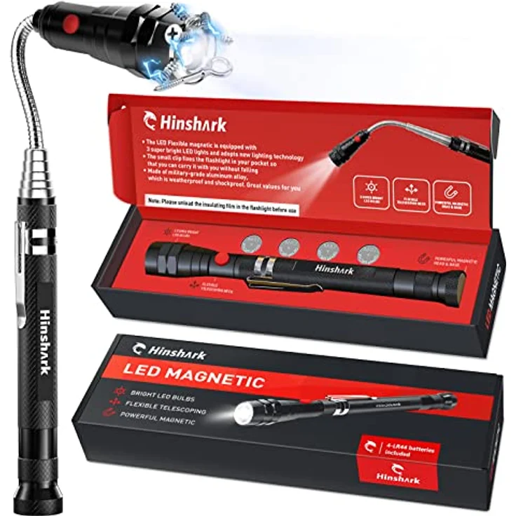 Hinshark Teleskopmagnet Werkzeug mit LED, 360-Grad flexible Taschenlampe für Männer, perfektes Vatertagsgeschenk, wetterfest und stoßfest, ausziehbar von 6,6 auf 22 Zoll – Bild 1