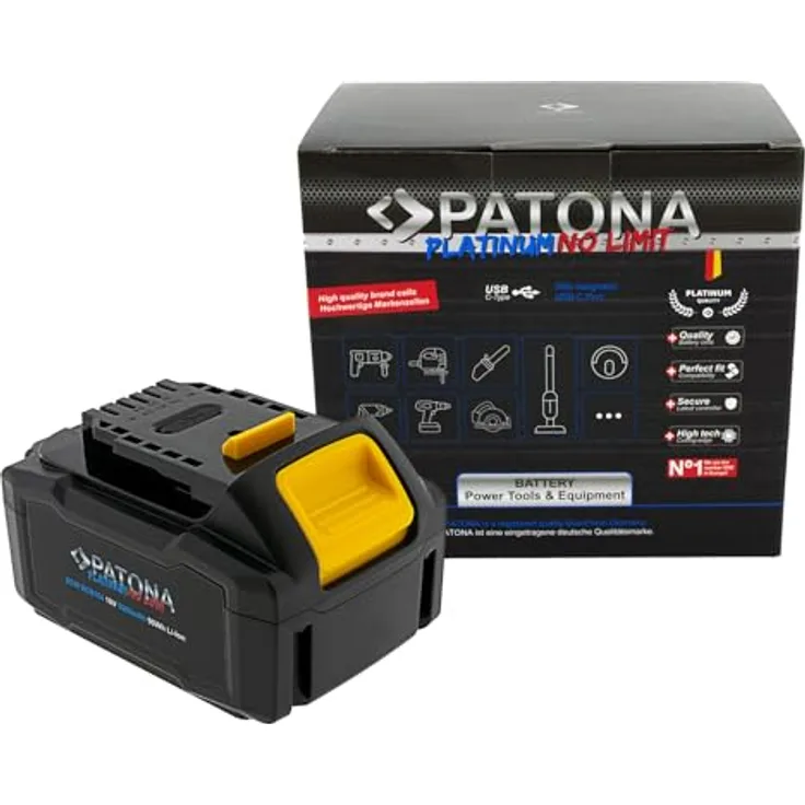 PATONA 18V Akku DCB184, USB-C In- und Output, 5000mAh, LED Kapazitätsanzeige, kompatibel mit DEWALT XR-Serie