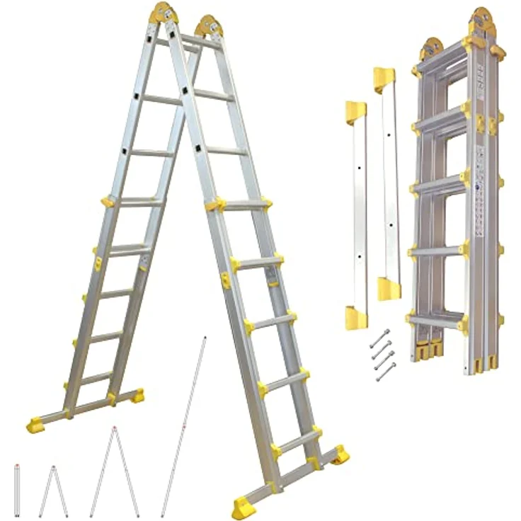 Alu Teleskopleiter ausziehbar | 20 Sprossen Leiter klappbar 4-teilig | 461 cm Länge | Gelenkleiter Klappleiter Stehleiter Aluleiter Anlegeleiter Bockleiter | bis 150 kg – Bild 1