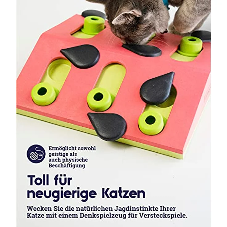 Nina Ottosson Tier-Intelligenzspielzeug Puzzle & Play Melon Madness rot, Beschäftigung für Katzen mit 14 versteckten Leckerli-Fächern – Bild 3