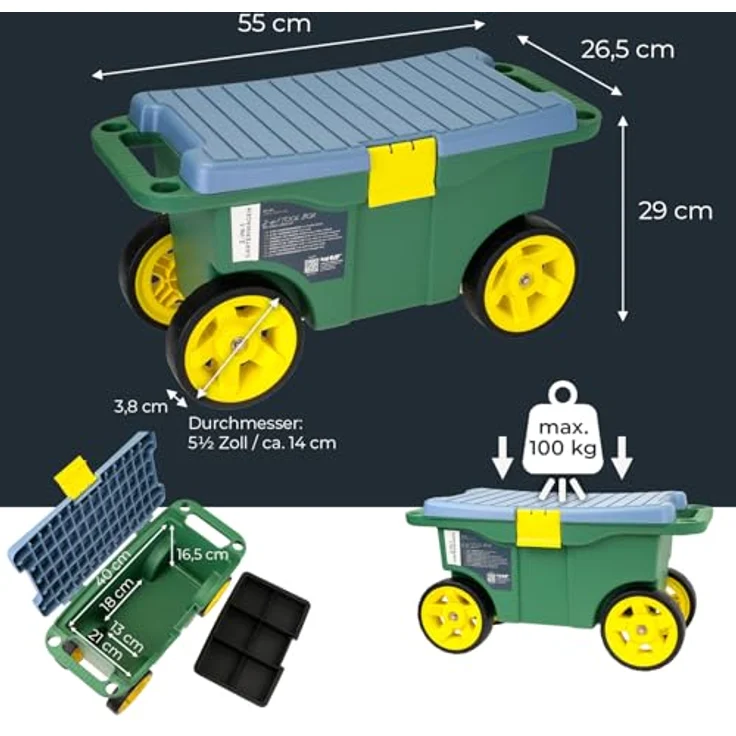 HMF 2-in-1 Gartenwagen mit Sitz und Stauraum, praktischer Gartenhocker mit großen Rollen und flexibler Unterteilung, für Gartenarbeit bis 100 kg, Grün – Bild 5