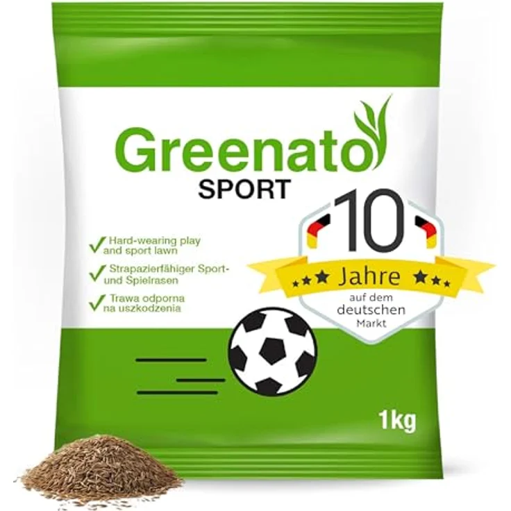 Greenato Sport 1kg Grassamen, schnellkeimende Rasenmischung für Sport und Spiel, lückendicht, ideal für Nachsaat, für 40m²-100m² – Bild 1