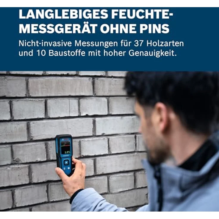 Bosch Professional GMM 1-15 Holzfeuchtemessgerät, nicht-invasiver Feuchtigkeitsmesser für 37 Holzarten und 10 Baustoffe, IP65 geschützt – Bild 3