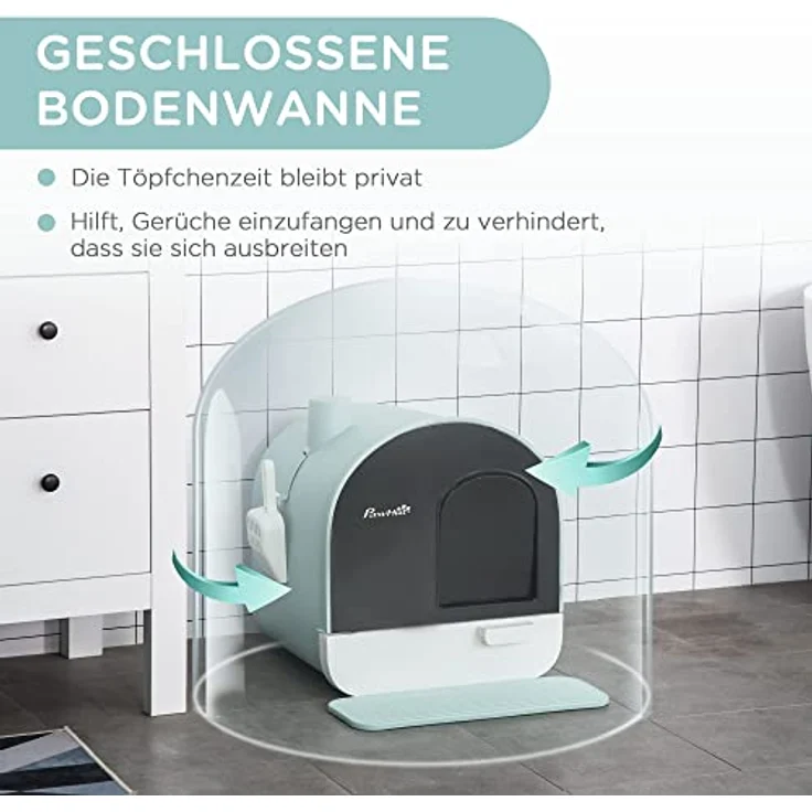 PawHut Katzentoilette Toilette mit Haube für Katzen bis 5 kg Katzenklo mit Deckel inkl. Schaufel ausziehbares Tablett Katzenstreu Matte Kunststoff Grün 43 x 44 x 47 cm – Bild 5