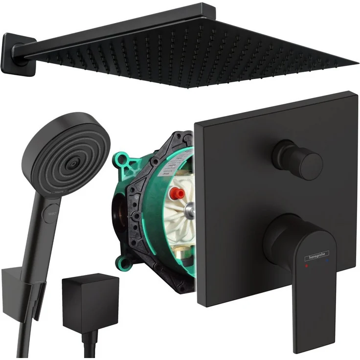 Hansgrohe und Jowi Vernis Shape Unterputz-Duscharmatur Schwarz, Pulsify Select S, wählbare Größe XL/XXL, Handbrause mit komfortabler Strahlartenumstellung