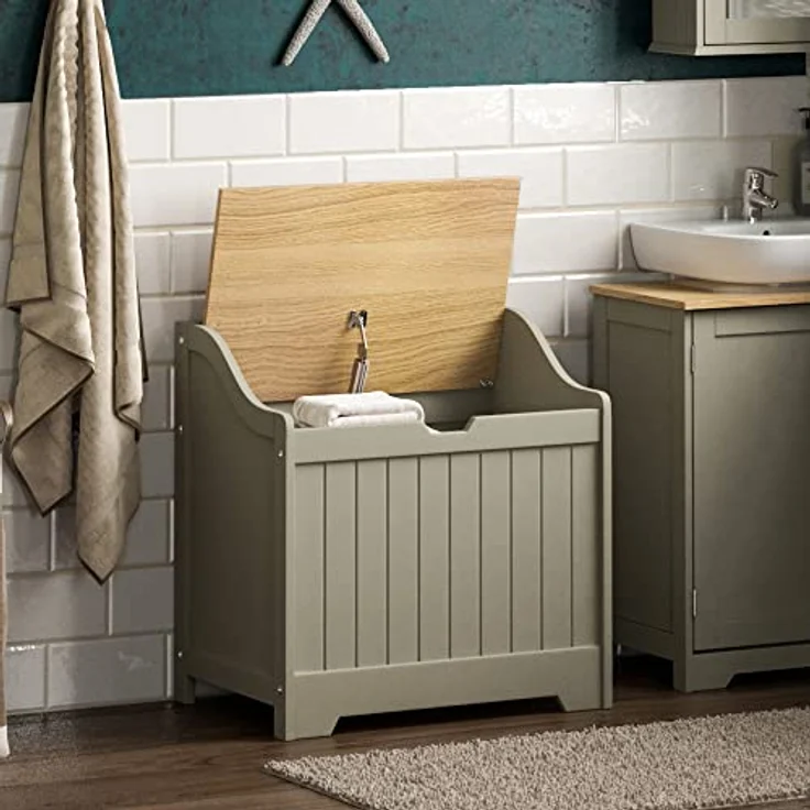 Home Discount Bath Vida Priano Badezimmer-Wäscheschrank, Aufbewahrungsschrank, Holzkorb, grau, Grey Bathroom Laundry Cabinet – Bild 1