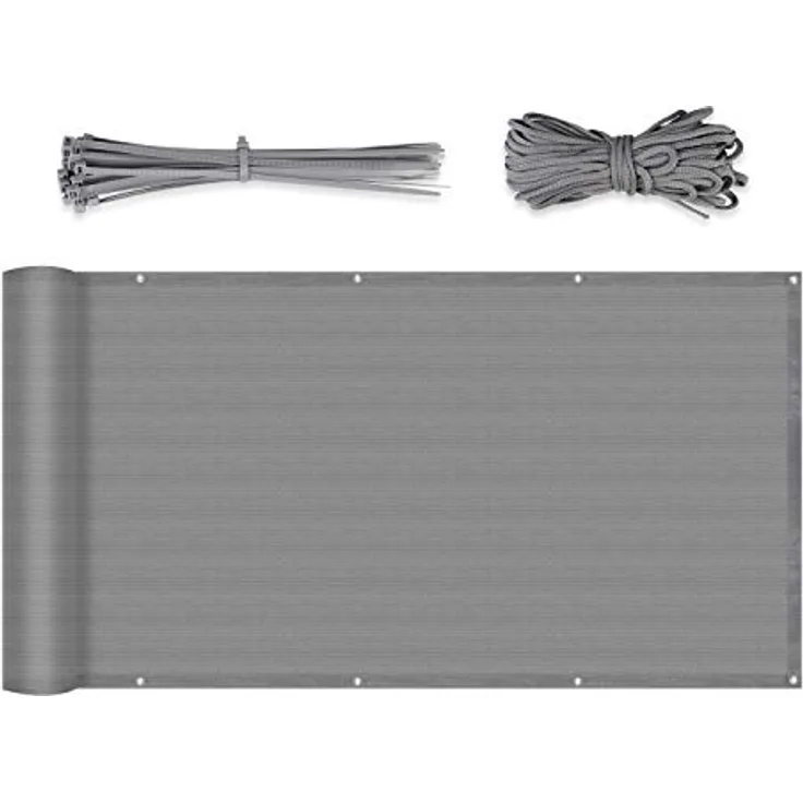 Sekey Balkon Sichtschutz Balkonabdeckung HDPE 220 g/m², Leicht Transparent Wind- und UV-Schutz Wetterfest 90 x 300cm, mit Ösen, Nylon Kabelbinder und Kordel, Hellgrau