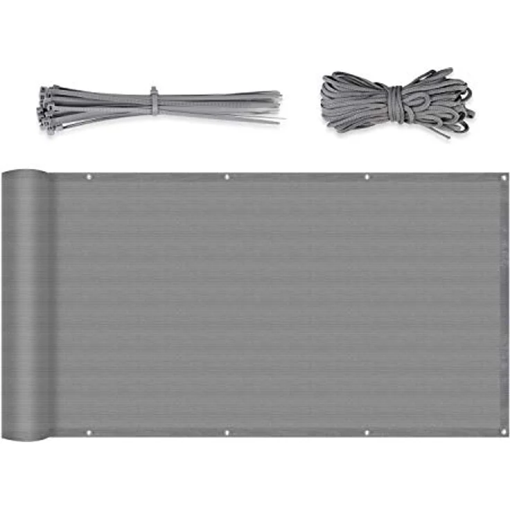 Sekey Balkon Sichtschutz Balkonabdeckung HDPE 220 g/m², Leicht Transparent Wind- und UV-Schutz Wetterfest 90 x 300cm, mit Ösen, Nylon Kabelbinder und Kordel, Hellgrau – Bild 1