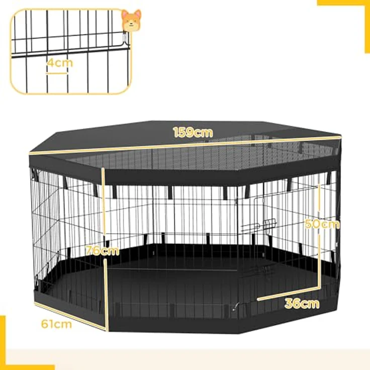 PawHut Welpenauslauf, Welpenlaufstall mit Türen, Fenster, Laufgitter, Atmungsaktiv Netz, für Hunde unter 20 kg, Indoor & Outdoor, 159 x 159 x 76 cm, Schwarz – Bild 5