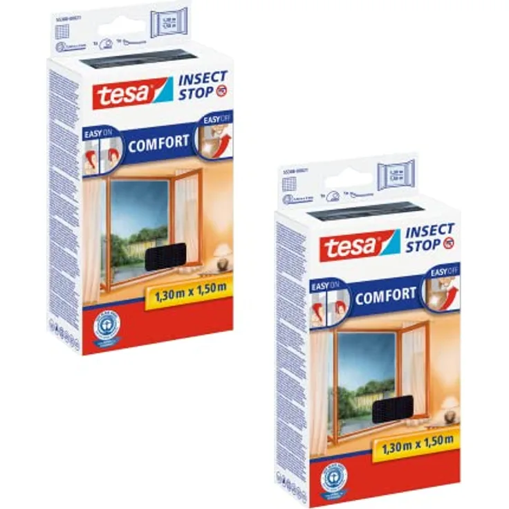 tesa Insect Stop COMFORT Fliegengitter für Fenster im 2er Pack - Insektenschutz mit Klettband selbstklebend - Fliegen Netz ohne Bohren - anthrazit (durchsichtig), 2x 130 cm x 150 cm