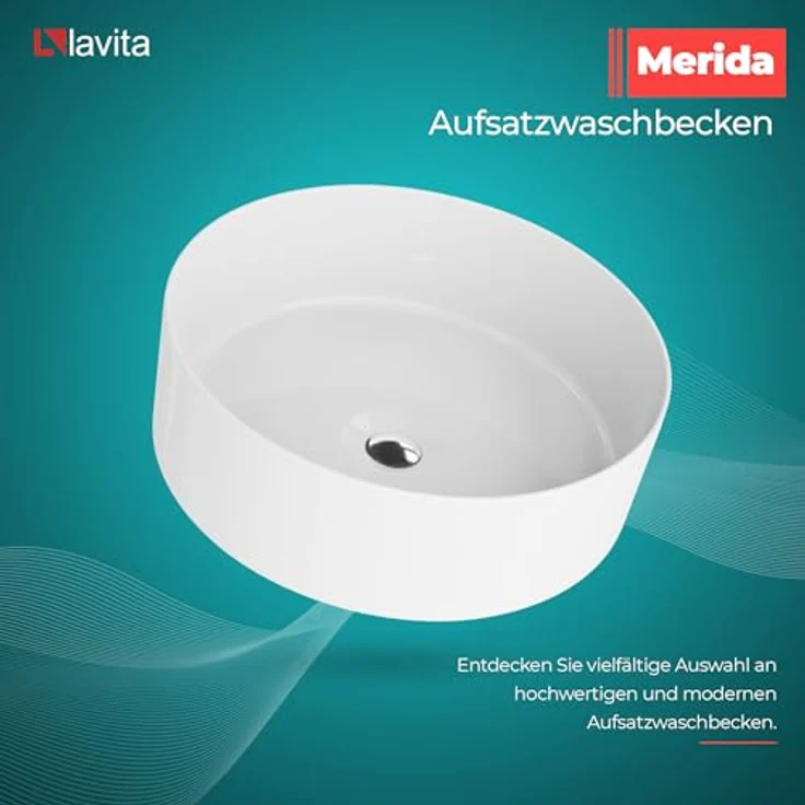 LAVITA Aufsatzwaschtisch Merida Rund, Porzellan, 37x37x12 cm, Weiß Glanz – Bild 2