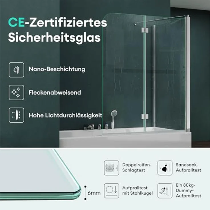 Mai&Mai Duschwand für Badewanne Badewannenfaltwand 6mm Sicherheitsglas mit NANO-Versiegelung, Wandanschlag links, BTH: 70x120x140cm – Bild 6