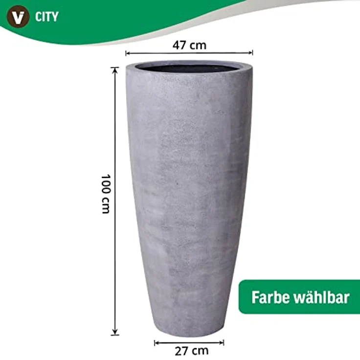 VIVANNO CITY Pflanzkübel Fiberglas, Rund, Betongrau, 100 cm hoch, wetterfest, inkl. Blumenkübeleinsatz – Bild 7