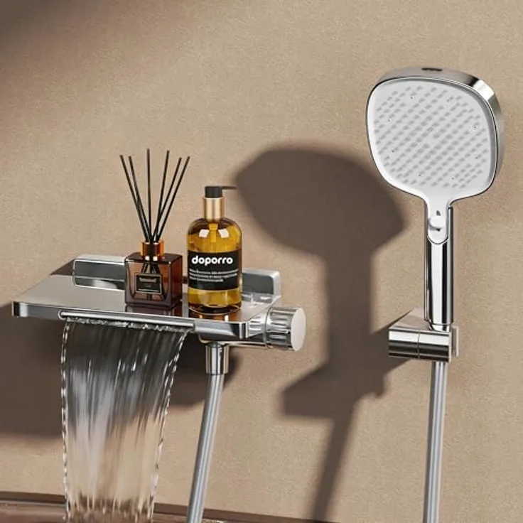 doporro Badewannenarmatur DSN-403, Wasserfallarmatur aus Vollmessing mit Handbrause, 3 Strahlarten, 1,5m Brauseschlauch und Halterung, Silber