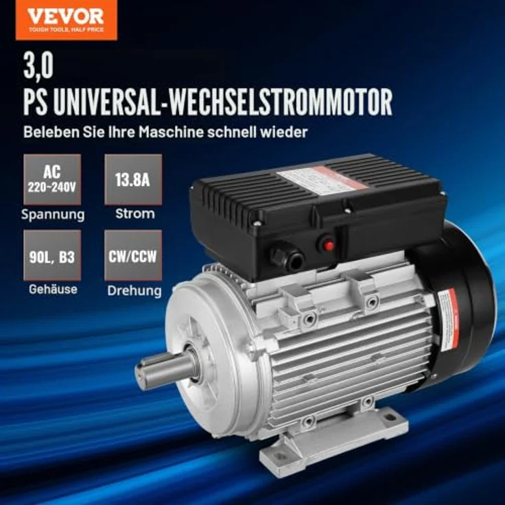 VEVOR 2,2 kW Elektromotor 2800 U/min, einphasig für Luftkompressoren, B3-Rahmen, 24 mm Keilwelle, Rechts-/Linkslauf, AC 220-240 V, 13,8 A – Bild 2