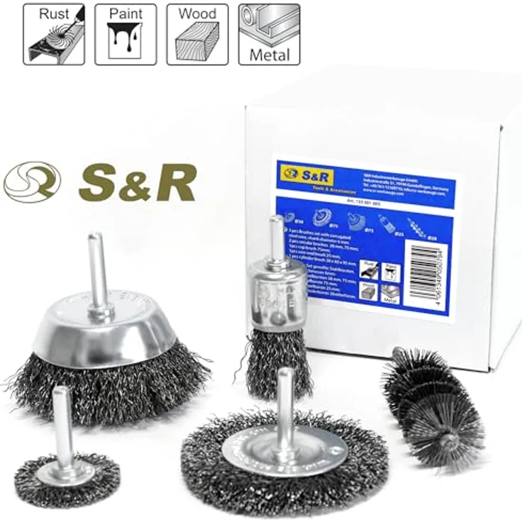 S&R Drahtbürste Set für Bohrmaschinen, gewellter Stahldraht - Rundschaft 6mm, Winkelschleifer, Flex, 5-tlg, für Sicheres entrosten, entgraten, abtragen, schleifen, Farbe: 5-tlg. – Bild 8