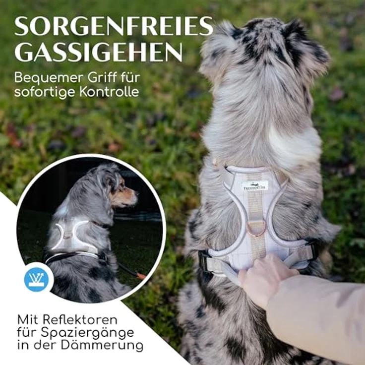 FREUDENTIER® Hundegeschirr mit atmungsaktiver Polsterung - Bombenfester Sitz - Anti Zieh Brustgeschirr für große, mittelgroße und kleine Hunde (XL) in Weiß – Bild 5